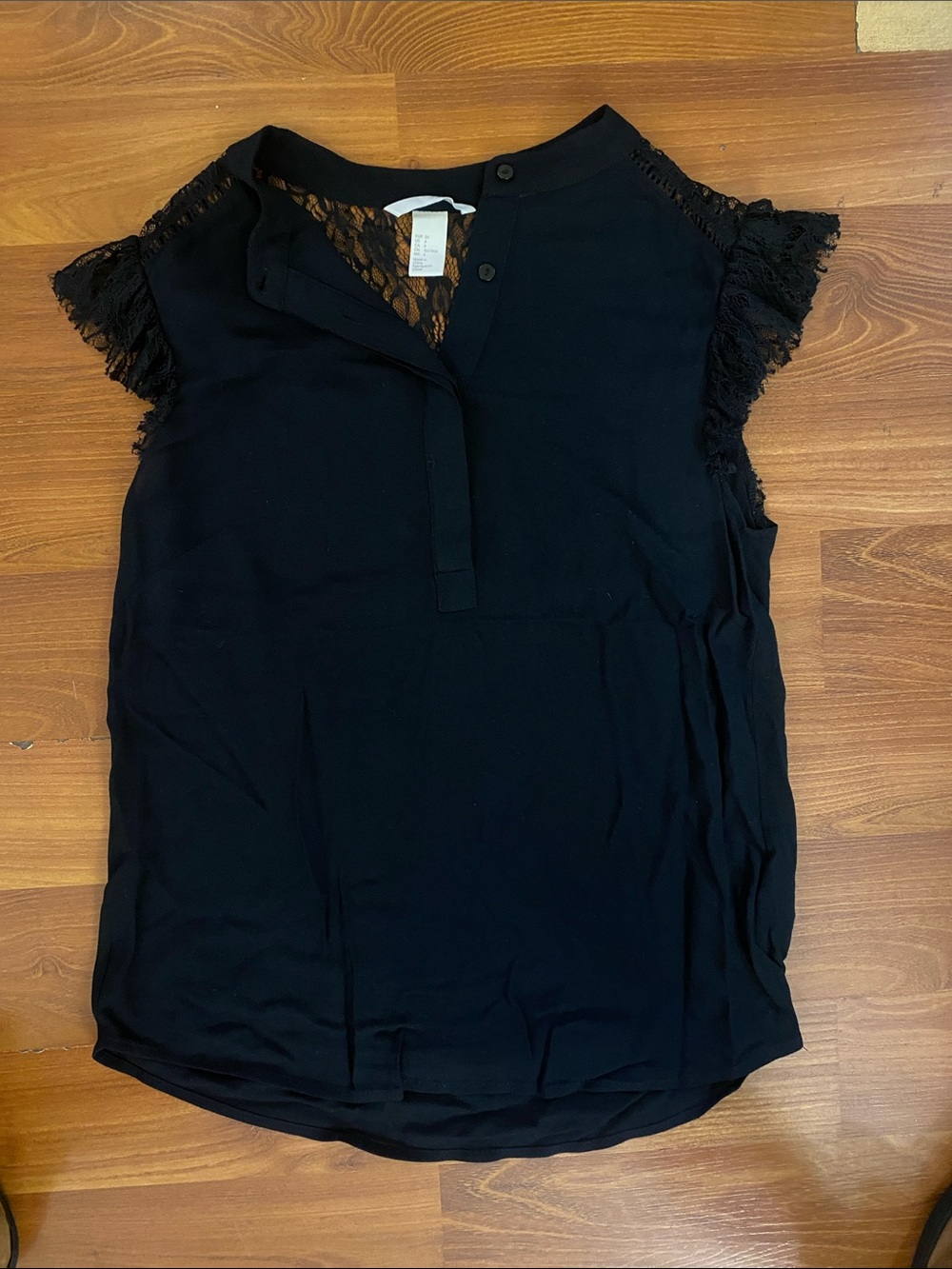 H&M Black Lace-Trim Cap Sleeve Blouse